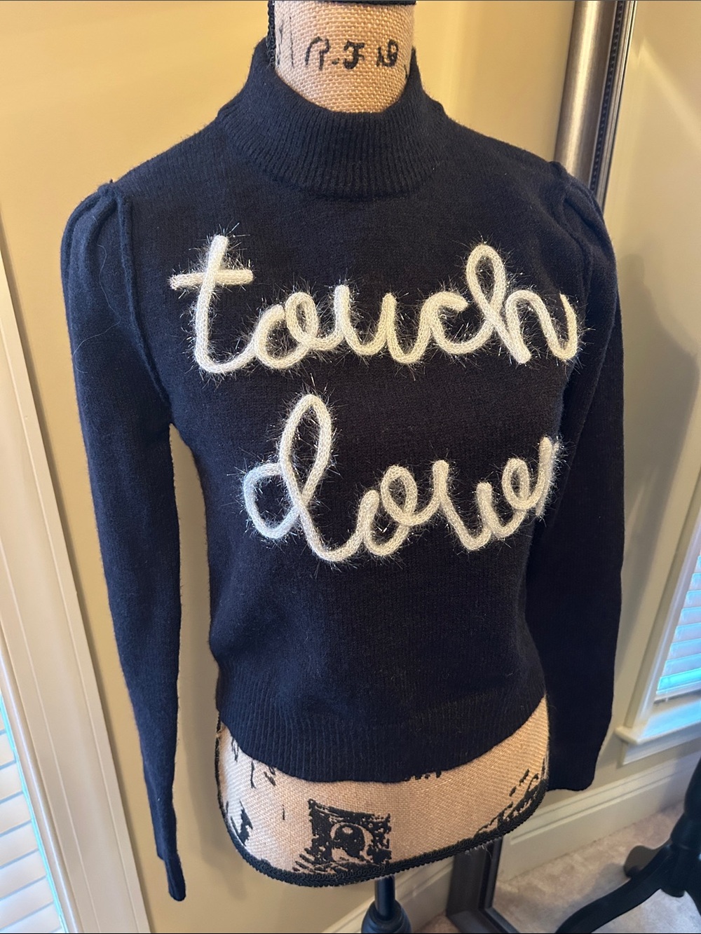 Pink Lily Black Fuzzy Script Mock Neck Sweater